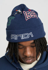 Unisex Czapka beanie z retro logo i wieloma odznakami – granatowy