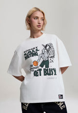 Damen Mach dich mit Müllreden beschäftigt übergroßes Grafik-T-Shirt – Weiß