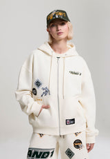 Damen Respect The Game Kapuzenpullover mit durchgehendem Reißverschluss und mehreren Abzeichen – Ecru