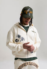 Mens Respect The Game Multi Badge Zip Through Hoodie - Ecru