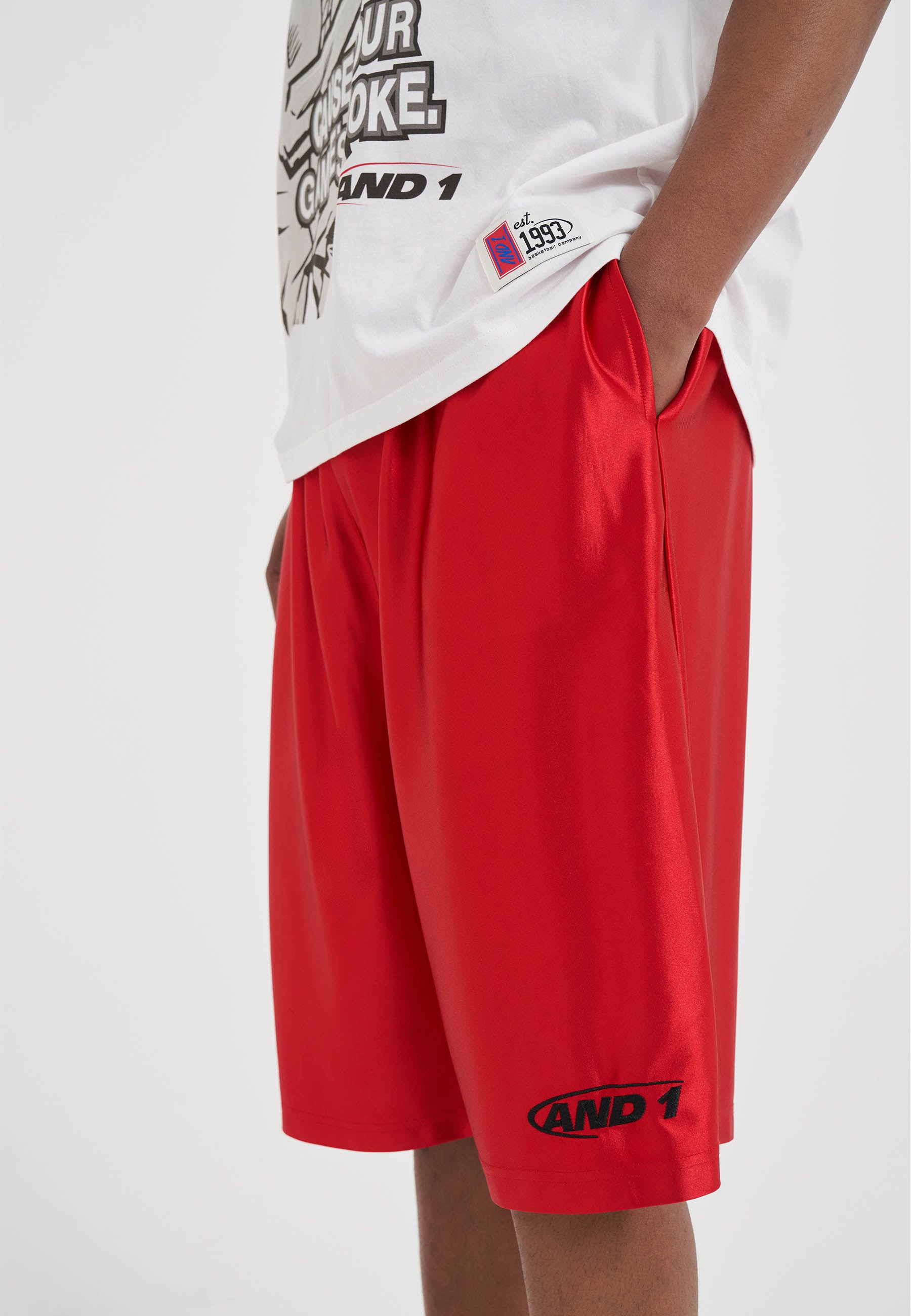 パンツ SAPEur Basket Shorts Red L Mens Core Satin Badge Basketball Shorts - Red – And1