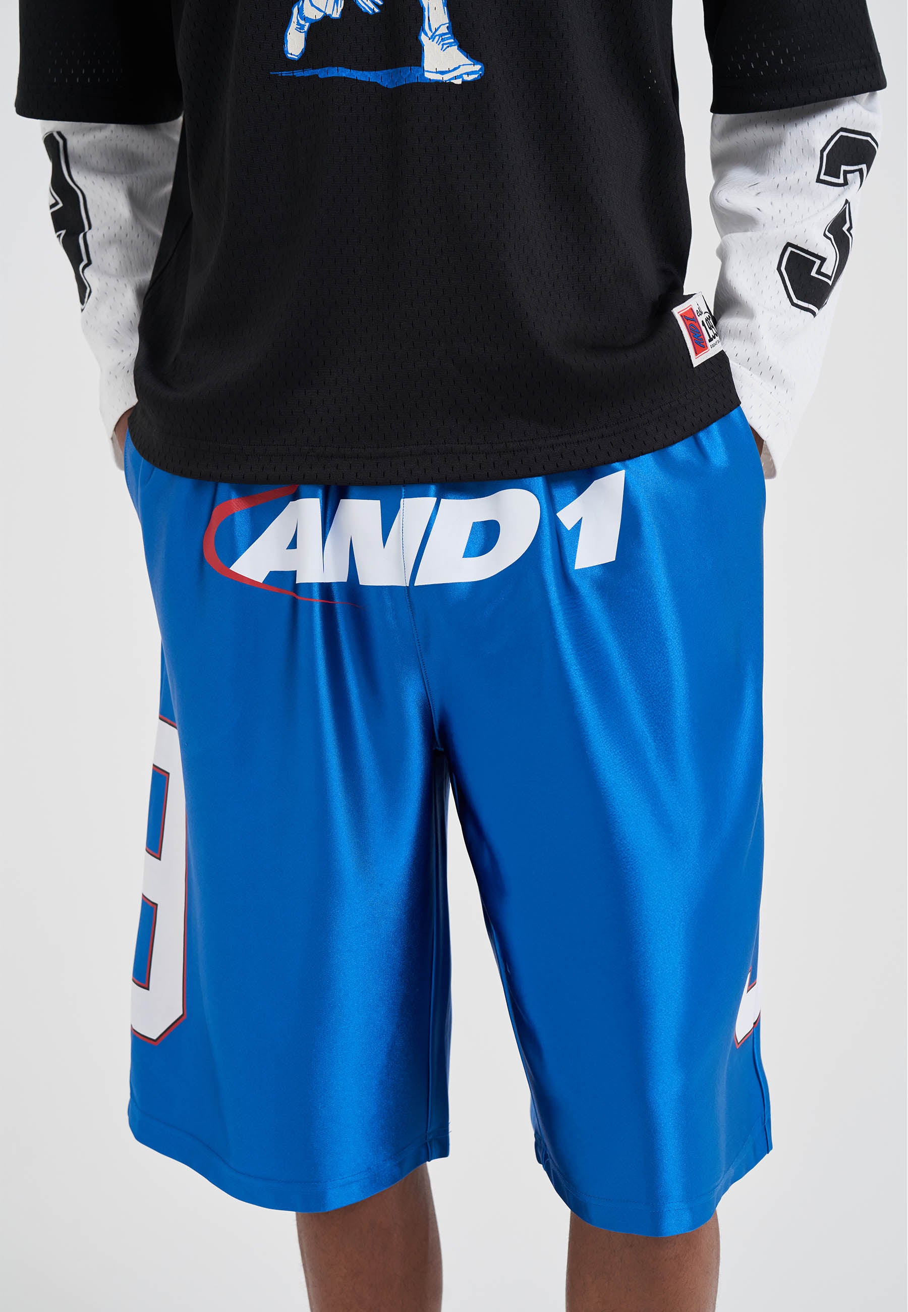 Mens Satin Sport Graphic Basketball Shorts - Blue – And1