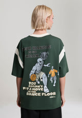Damen-T-Shirt mit Kontrastdetails und Rückenprint „Dancefloor Trash Talk“ – Waldgrün