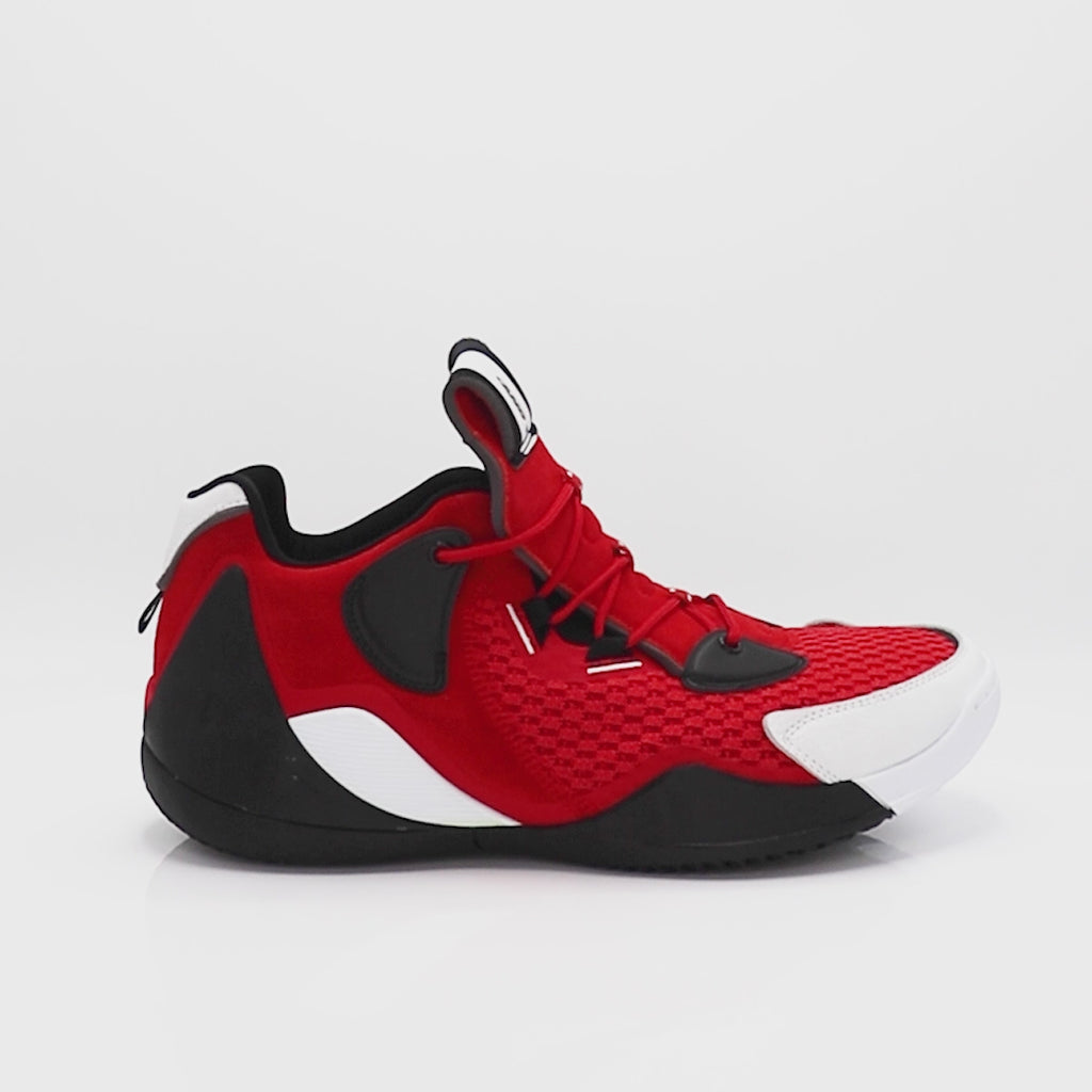 override basketball shoe heat wave colorway in red, black and white